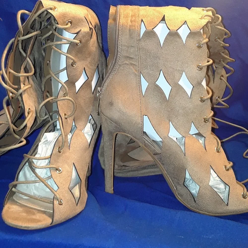 Gladiator Thigh High  SUEDE Stilettos  Boots Open Toe / CUT OUTS